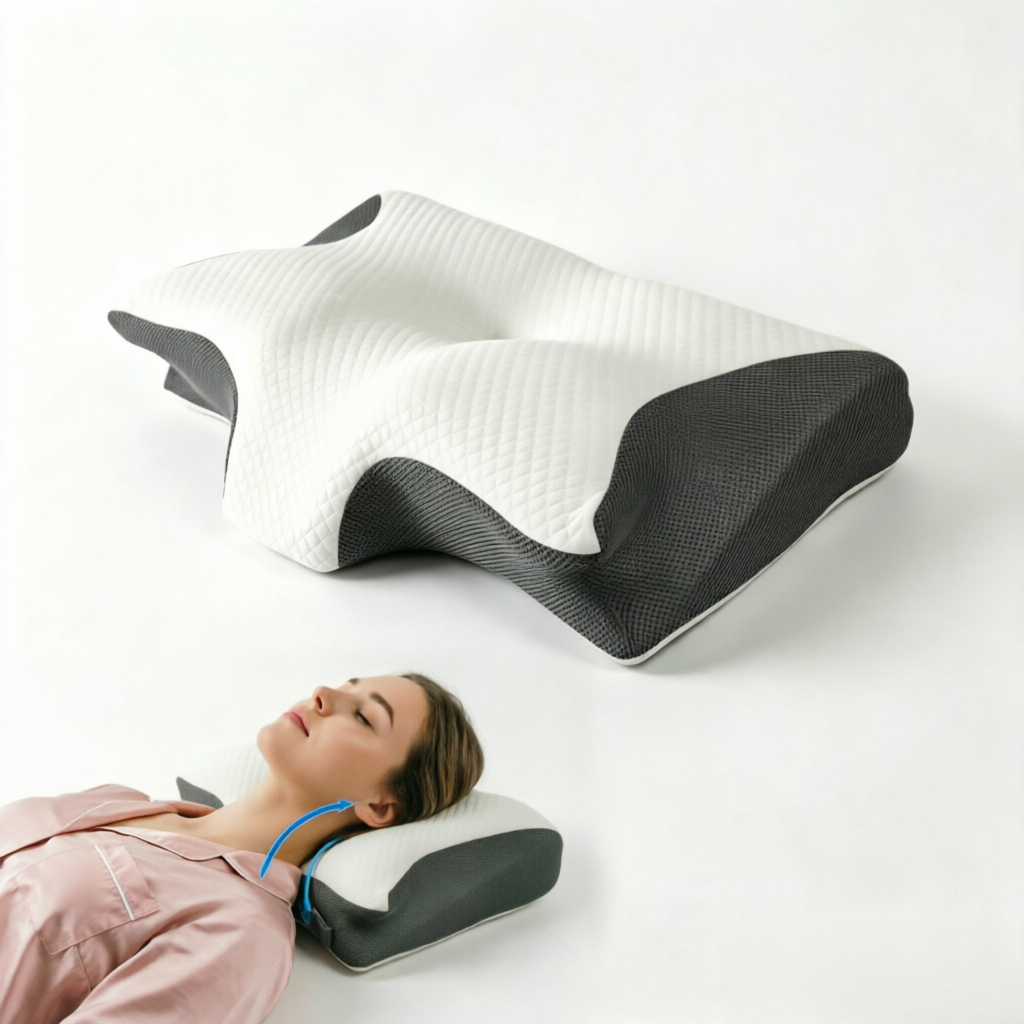 A contoured ergonomic pillow shown in two views: one floating above a person lying down wearing a pink shirt, and another showing the underside. The pillow features a white quilted top section and dark gray textured side panels.