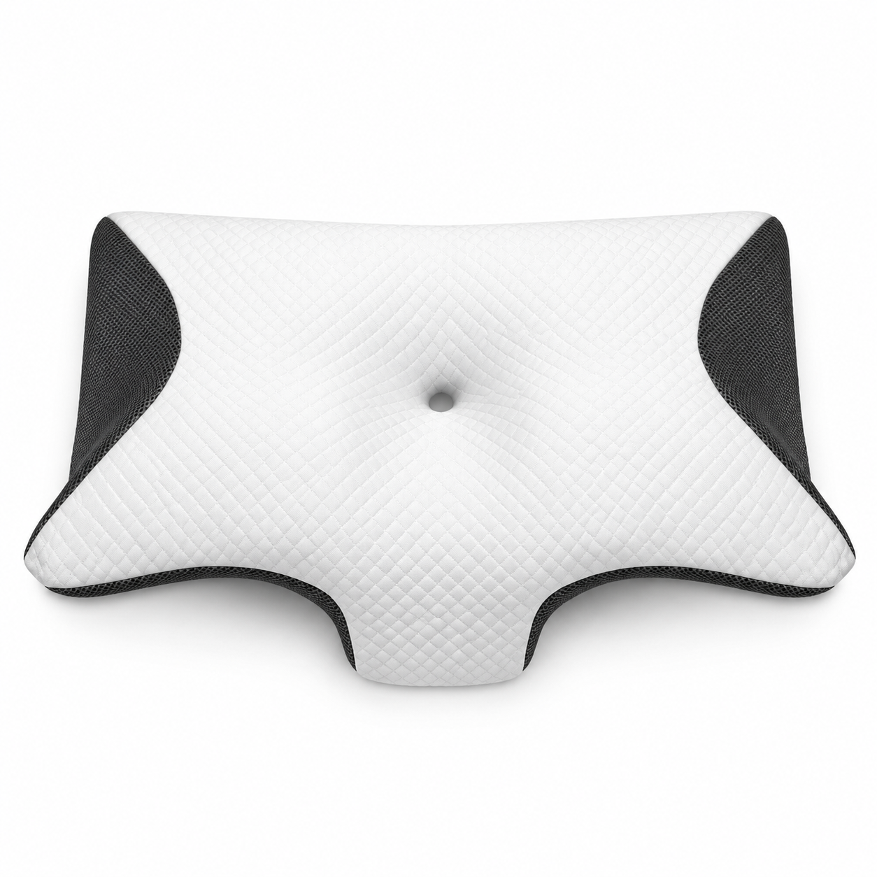 A white contoured neck pillow with black mesh side panels, featuring a diamond-quilted top surface and a central airway hole, shown on a plain white background.