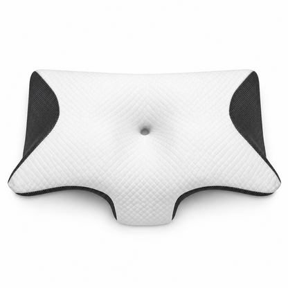 A white contoured neck pillow with black mesh side panels, featuring a diamond-quilted top surface and a central airway hole, shown on a plain white background.