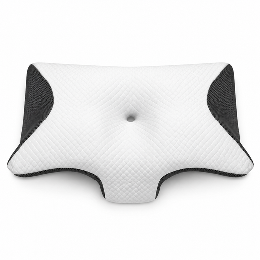 A white contoured neck pillow with black mesh side panels, featuring a diamond-quilted top surface and a central airway hole, shown on a plain white background.