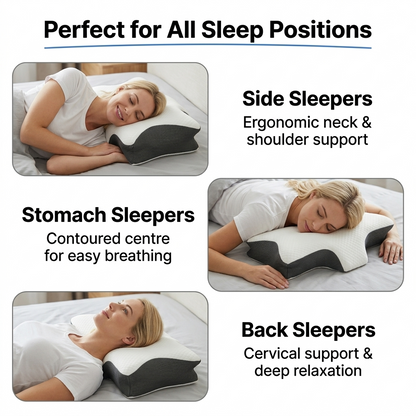 Promotional graphic for a contoured sleep pillow showing three sleeping positions: side, stomach, and back. The text states 'Perfect for All Sleep Positions' and lists benefits for each type.