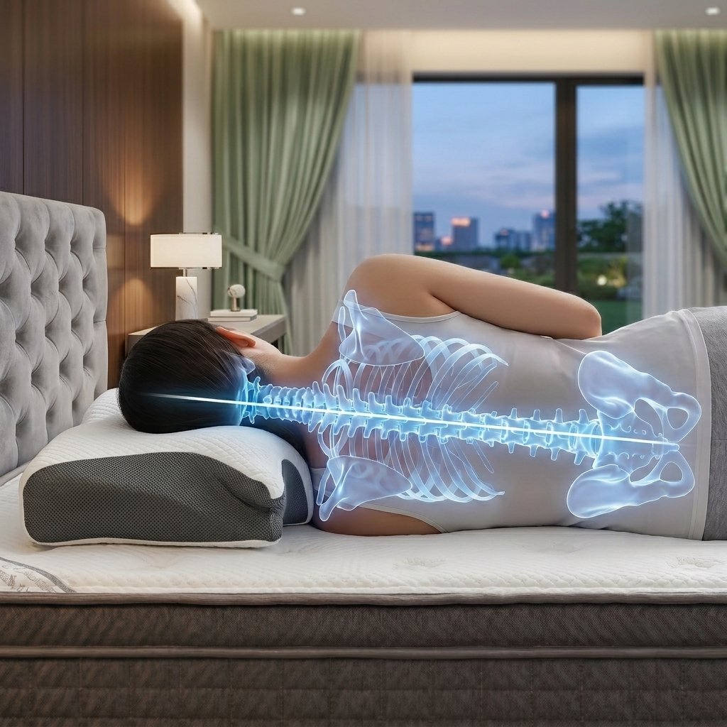 A person lying on a mattress in a bedroom, shown from the side with a glowing blue spine overlay highlighting posture or support. The room has a tufted headboard, curtains, and a window with a city view at dusk.