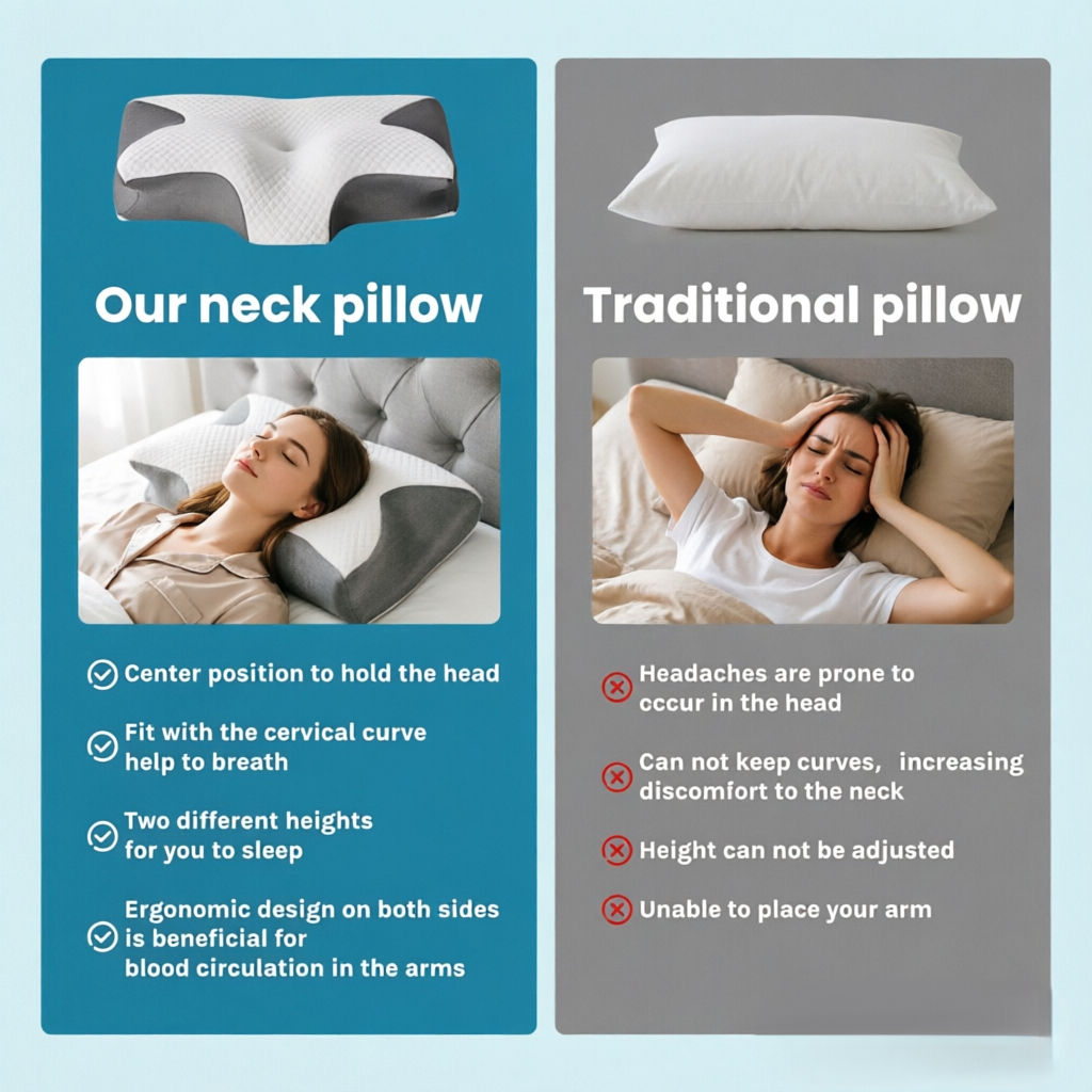 A comparison infographic for a neck pillow, showing a traditional pillow on the right with a sleeping woman and listed drawbacks, and an ergonomic neck pillow on the left with a sleeping woman and listed benefits, set against a split blue and gray background.