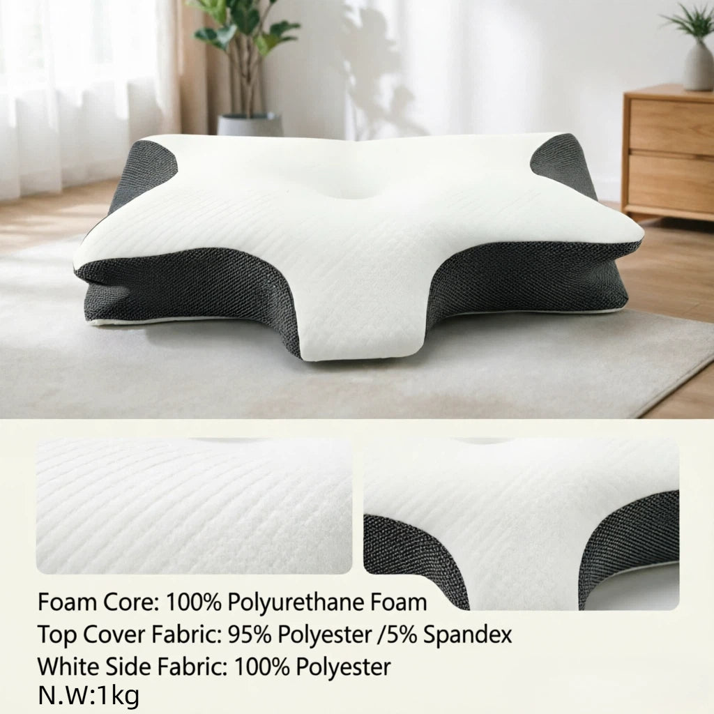 A contoured white and black ergonomic pillow shown on a light rug in a softly lit room, with two inset close-ups of the fabric texture and printed product specs below.