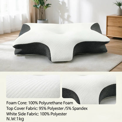 A contoured white and black ergonomic pillow shown on a light rug in a softly lit room, with two inset close-ups of the fabric texture and printed product specs below.