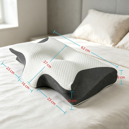 A contoured pillow on a bed with overlaid dimension lines and measurements in centimeters showing its height, width, and depth.