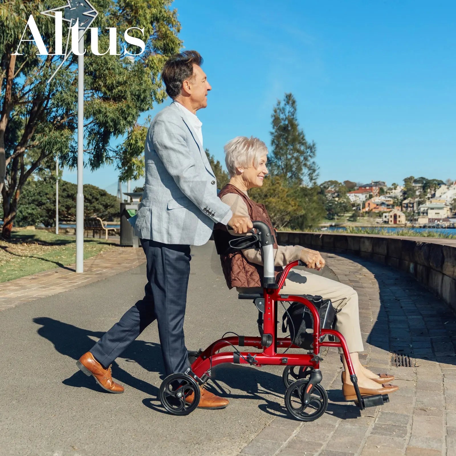 Altus Hybrid Duo 2-in-1 Mobility Rollator and Transit Wheelchair Combo Walker with Seat Red myaltus