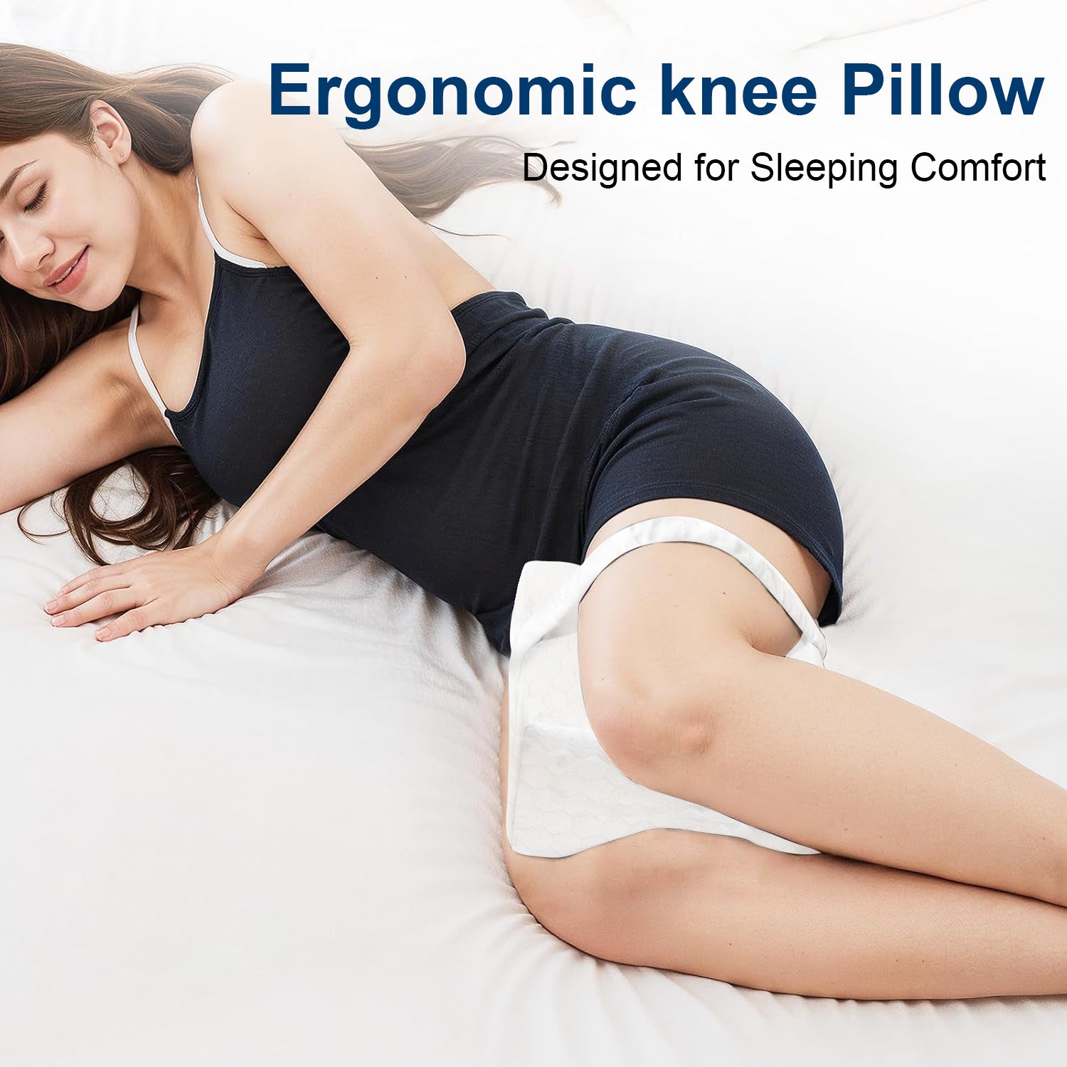 Woman lying on a bed with an ergonomic knee pillow, text 'Ergonomic knee Pillow Designed for Sleeping Comfort'.