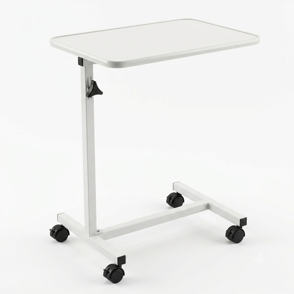 White adjustable medical-style patient bed table with a rectangular tray top, black casters, and a height-adjustable leg mechanism on a white background.