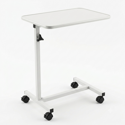 White adjustable medical-style patient bed table with a rectangular tray top, black casters, and a height-adjustable leg mechanism on a white background.