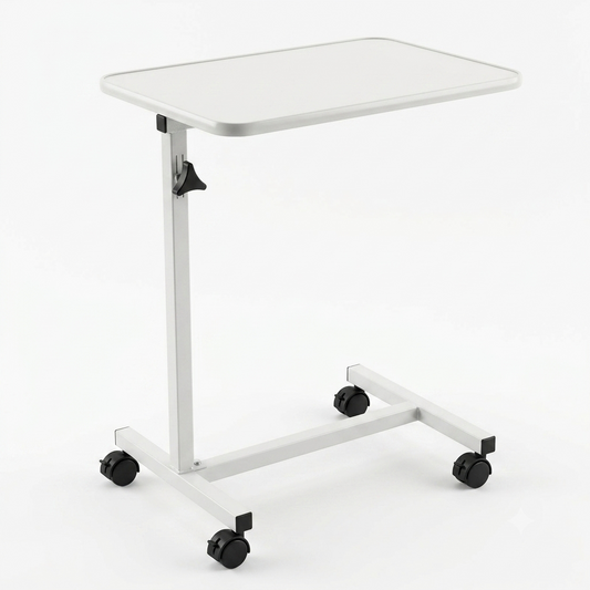 White adjustable medical-style patient bed table with a rectangular tray top, black casters, and a height-adjustable leg mechanism on a white background.