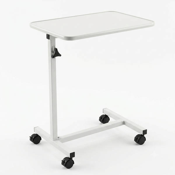 White adjustable medical-style patient bed table with a rectangular tray top, black casters, and a height-adjustable leg mechanism on a white background.