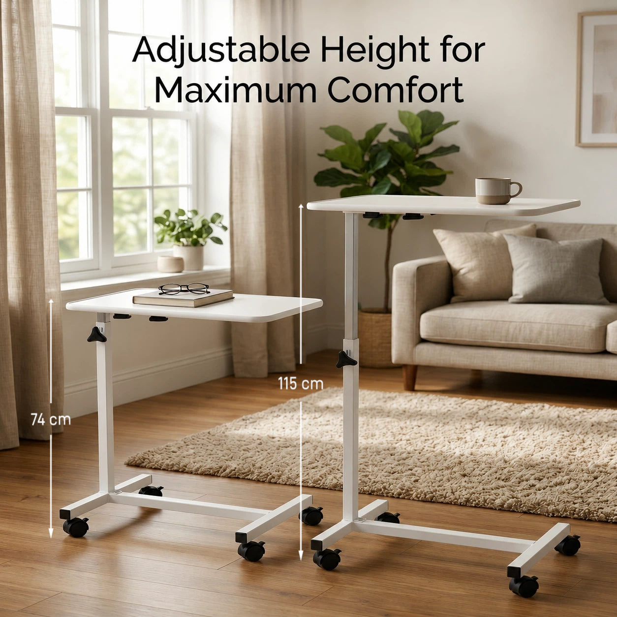 Adjustable white standing desk with wheels in a living room setting, showing height markings of 74 cm and 115 cm with text 'Adjustable Height for Maximum Comfort'.