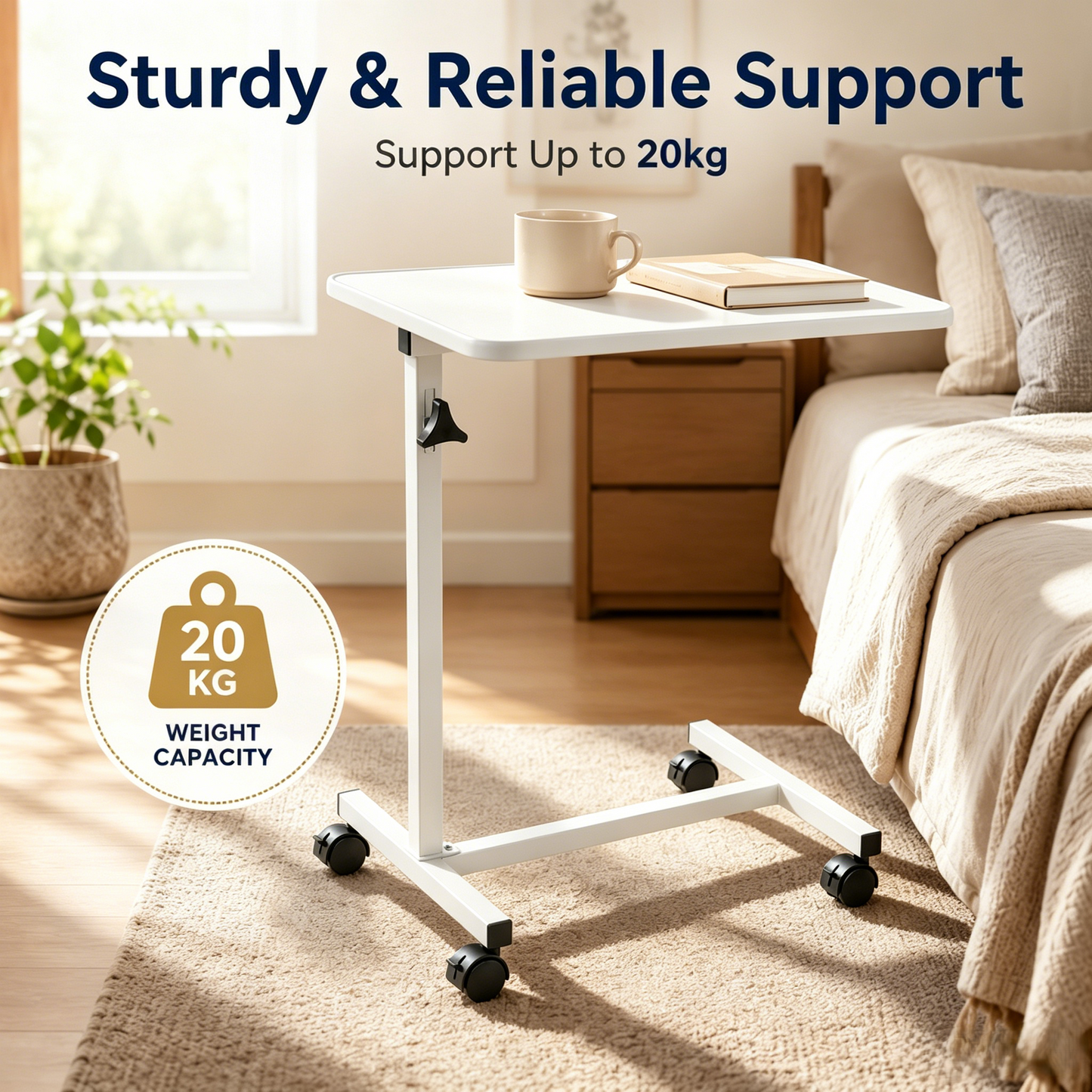 White adjustable hospital-style bedside table with casters, shown in a softly lit bedroom setting beside a bed. Text at the top reads 'Sturdy & Reliable Support' and 'Support Up to 20kg,' with a circular badge stating '20 KG WEIGHT CAPACITY.