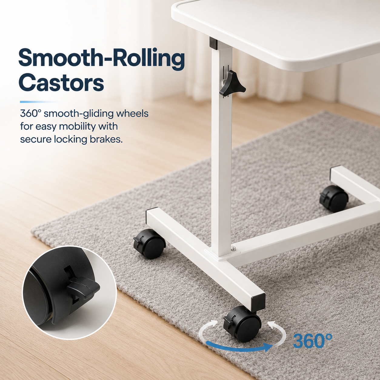 White rolling desk with smooth-gliding black casters on a gray rug over a light wood floor, with text and a close-up inset explaining the wheels and brake.
