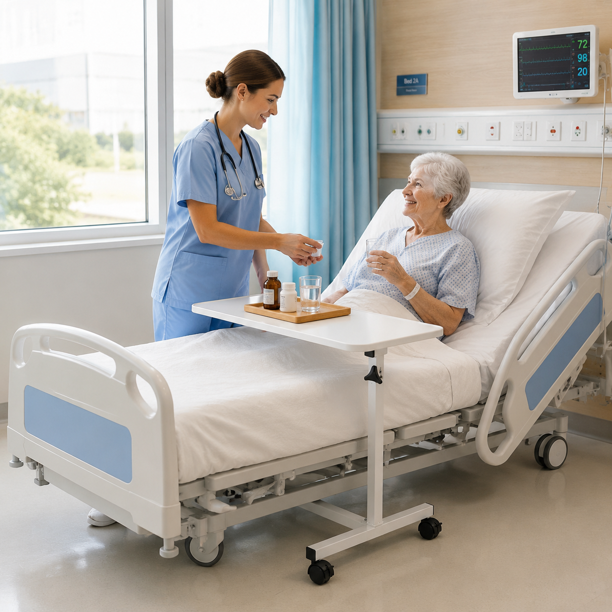 A hospital bed with a patient in a hospital gown, alongside a nurse in blue scrubs who is holding a glass of water. The room has light wood walls, a window, and medical equipment.