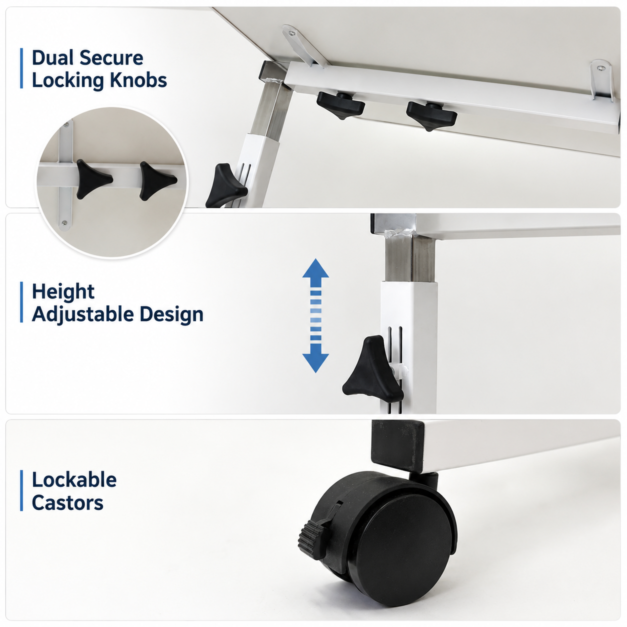 Close-up product feature collage showing the underside of a white table with black locking knobs, a height-adjustable adjustment mechanism with blue arrows, and lockable casters on a white background with text labels.