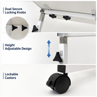 Close-up product feature collage showing the underside of a white table with black locking knobs, a height-adjustable adjustment mechanism with blue arrows, and lockable casters on a white background with text labels.