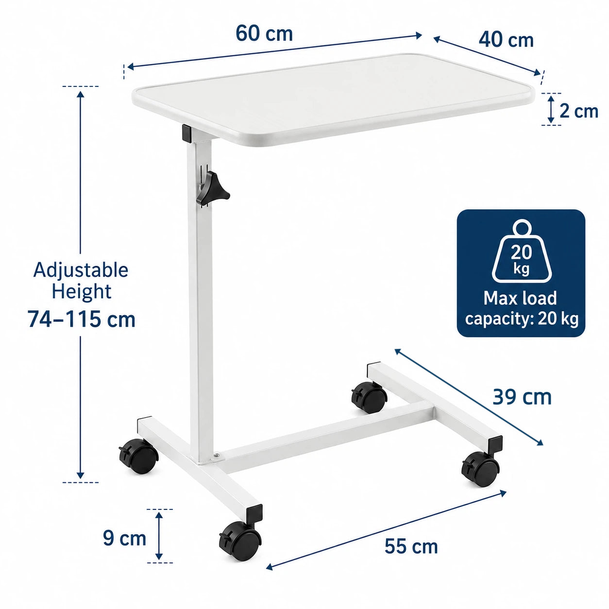 White adjustable medical-style standing table with black caster wheels, shown with dimension callouts and a weight capacity badge on a light gray background.