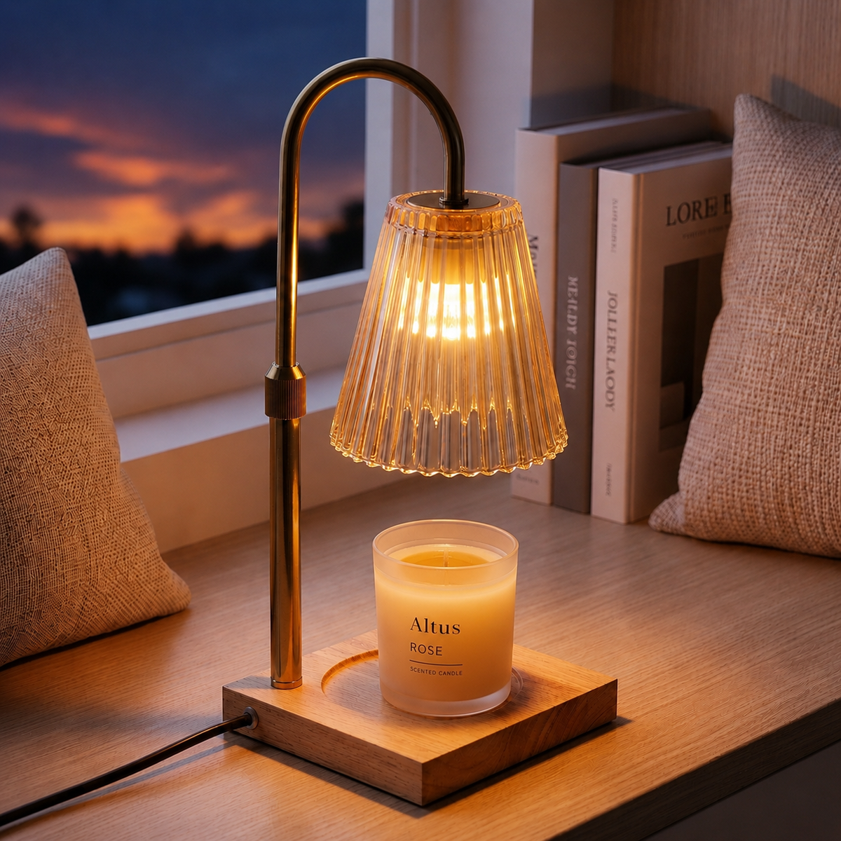 A lit AltUS ROSE scented candle in a frosted glass jar sits on a wooden base next to a brass table lamp with a ribbed clear glass shade, placed on a wooden windowsill with pillows and books in the background.