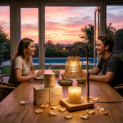 A couple sits at a wooden table facing each other in a warmly lit room, with two Aitana Vanilla Honeymoon scented candles and a matching amber table lamp on the table. Large windows behind them show a sunset over a pool and tropical garden.