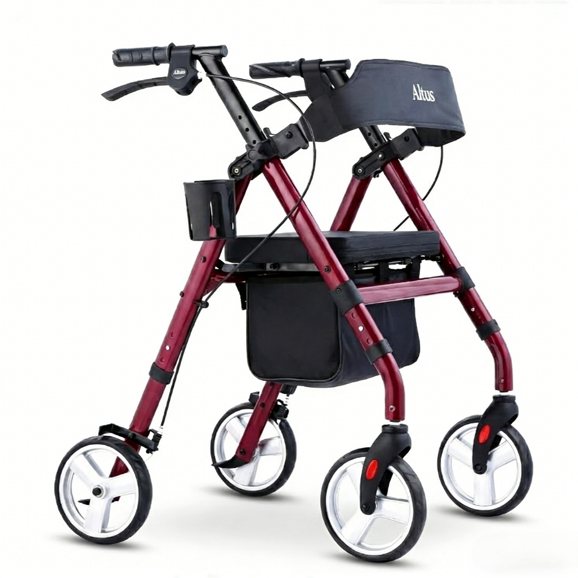 Red walker with black seat and handlebar on a white background