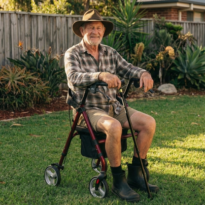 Man sitting on a mobility scooter in a garden