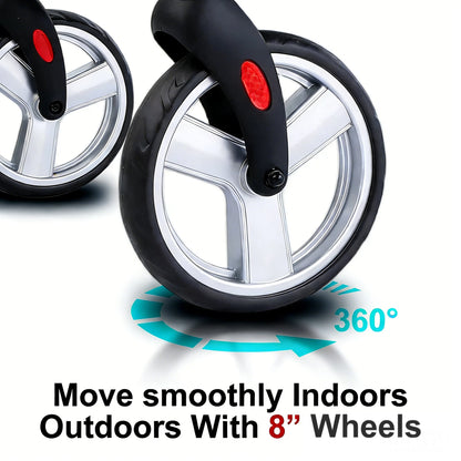 8-inch wheels with a 360-degree rotation feature on a white background