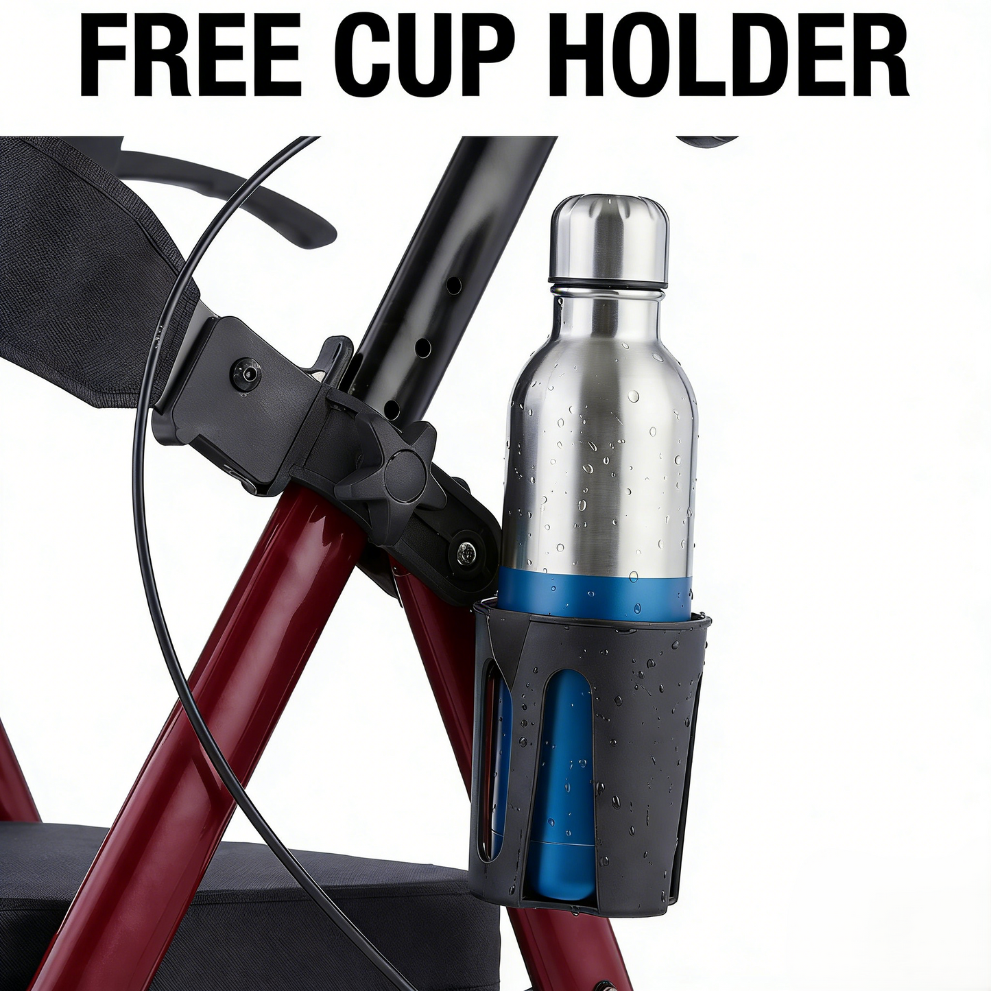 Bicycle with a cup holder holding a water bottle, with text 'FREE CUP HOLDER' above.