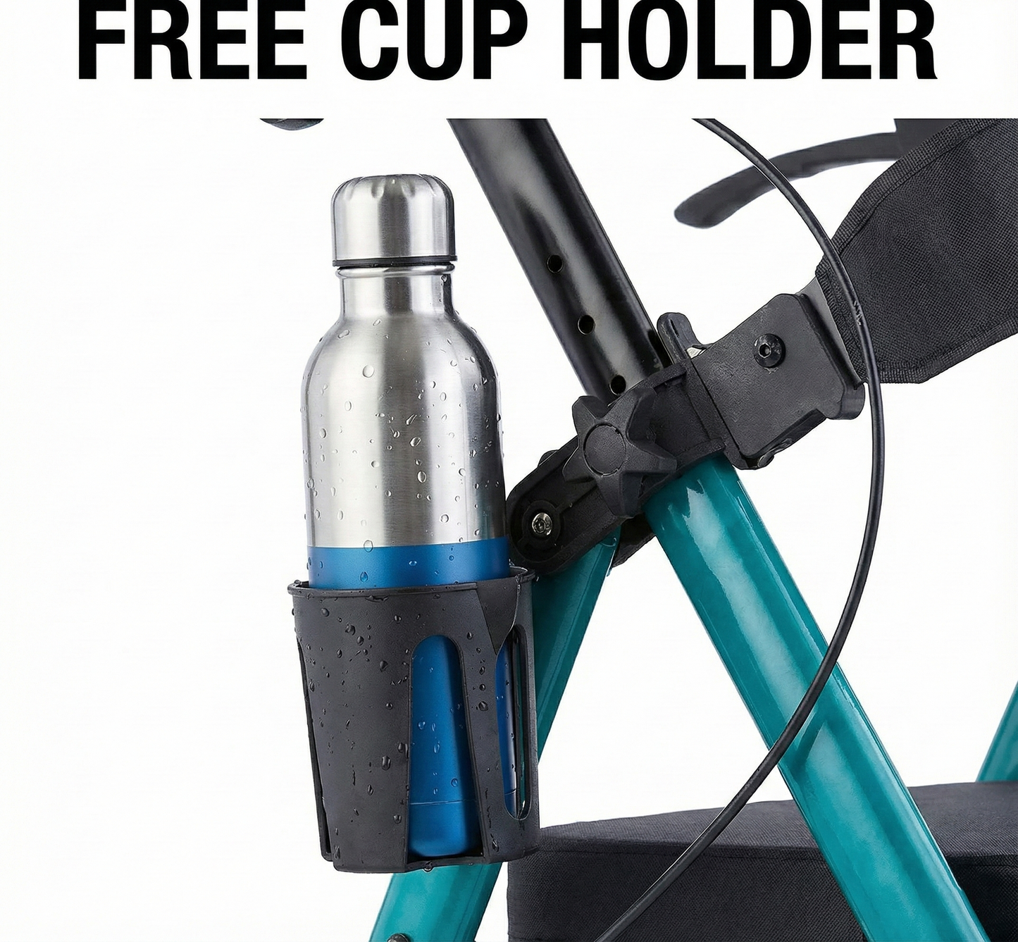 Bicycle cup holder with a water bottle attached, on a white background.
