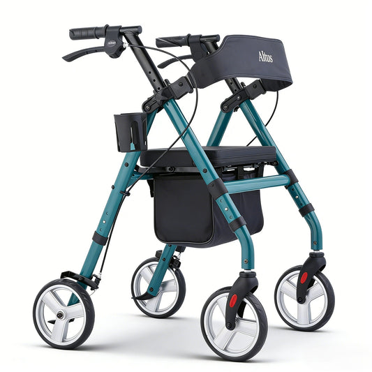 Teal rollator with black seat and handlebar on a white background