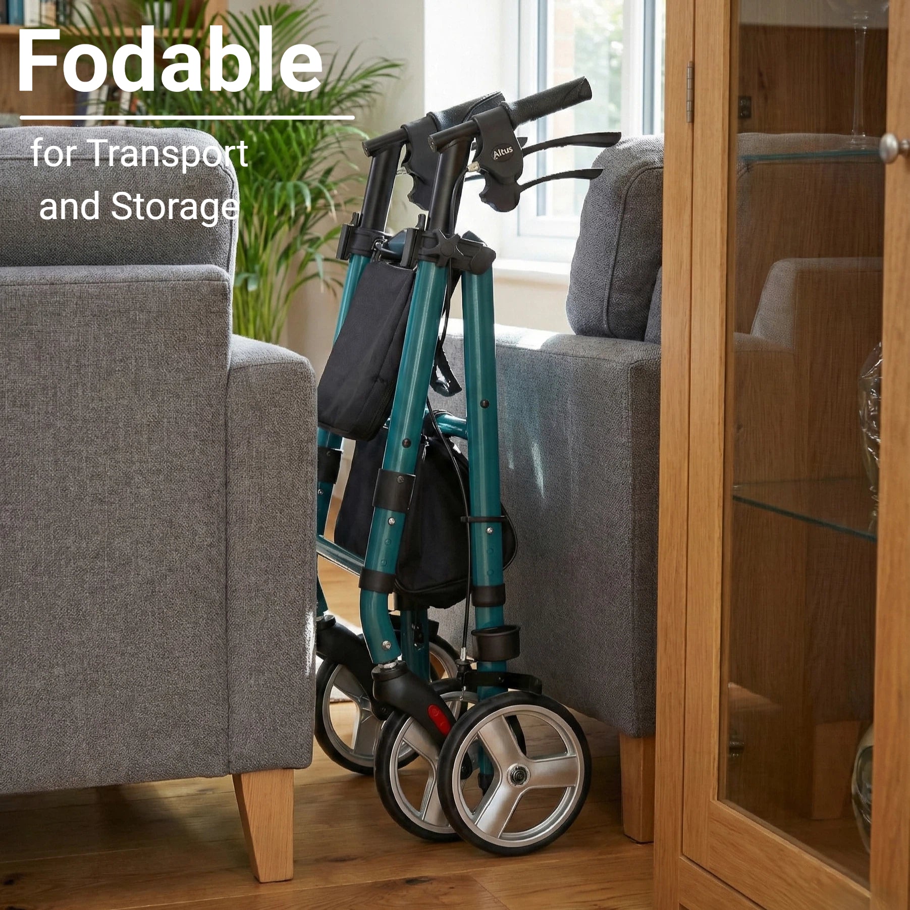 Foldable mobility scooter in a living room setting with furniture and decor.