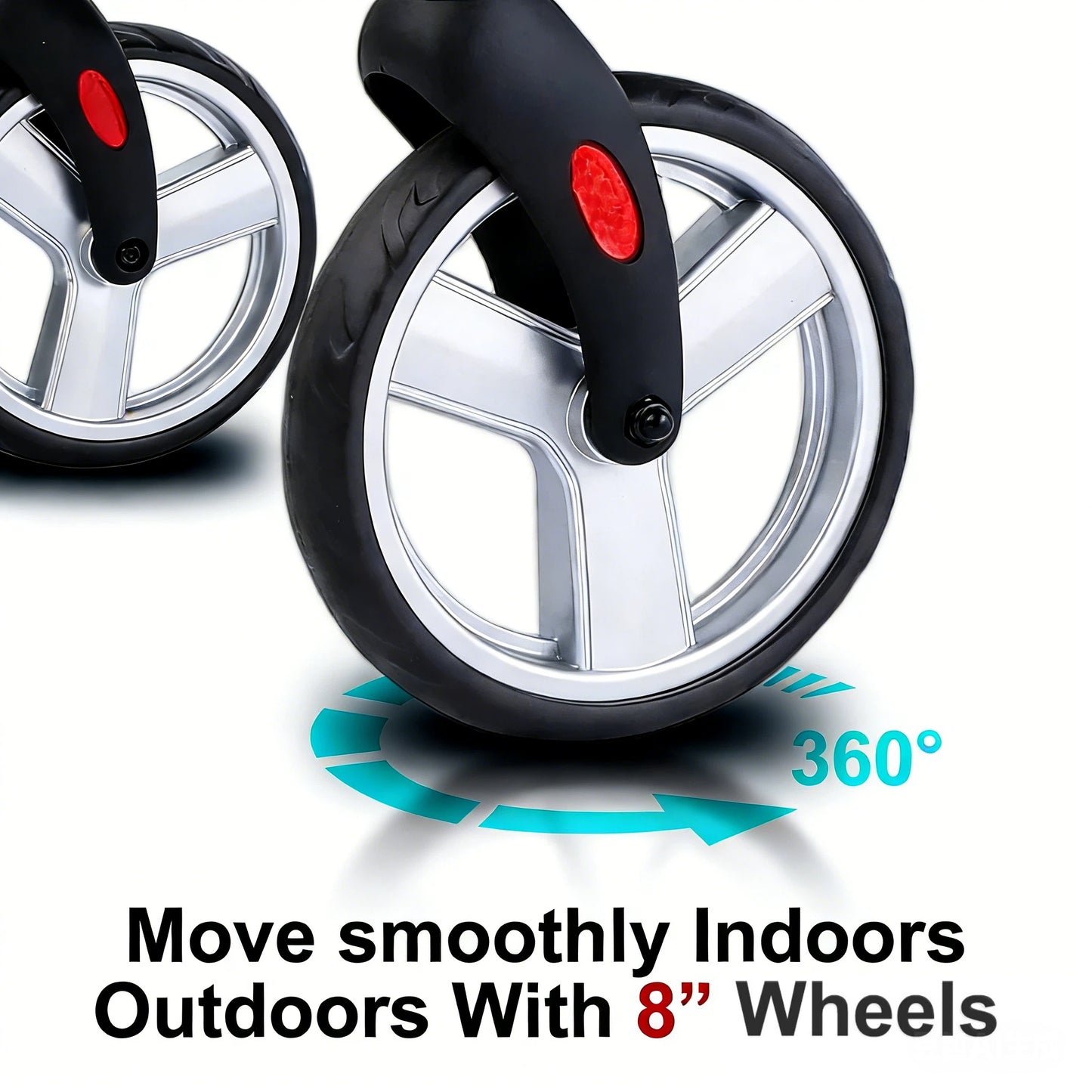 8-inch wheels with a 360-degree rotation feature on a white background