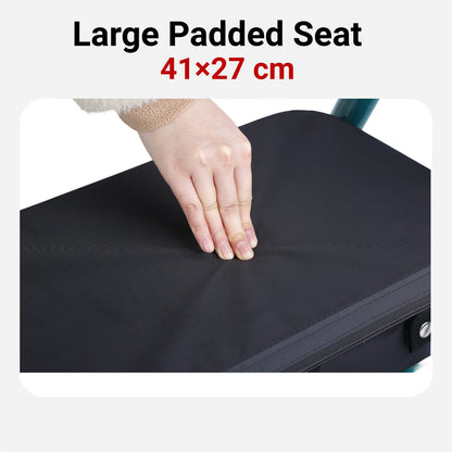 Large padded seat with dimensions 41x27 cm, showing a hand touching it.