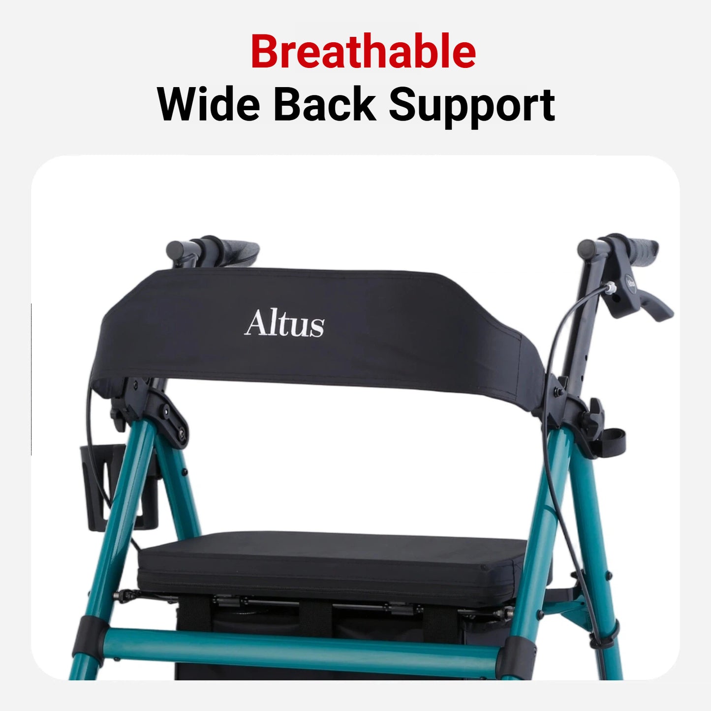 Black and teal Altus chair with wide back support on a white background