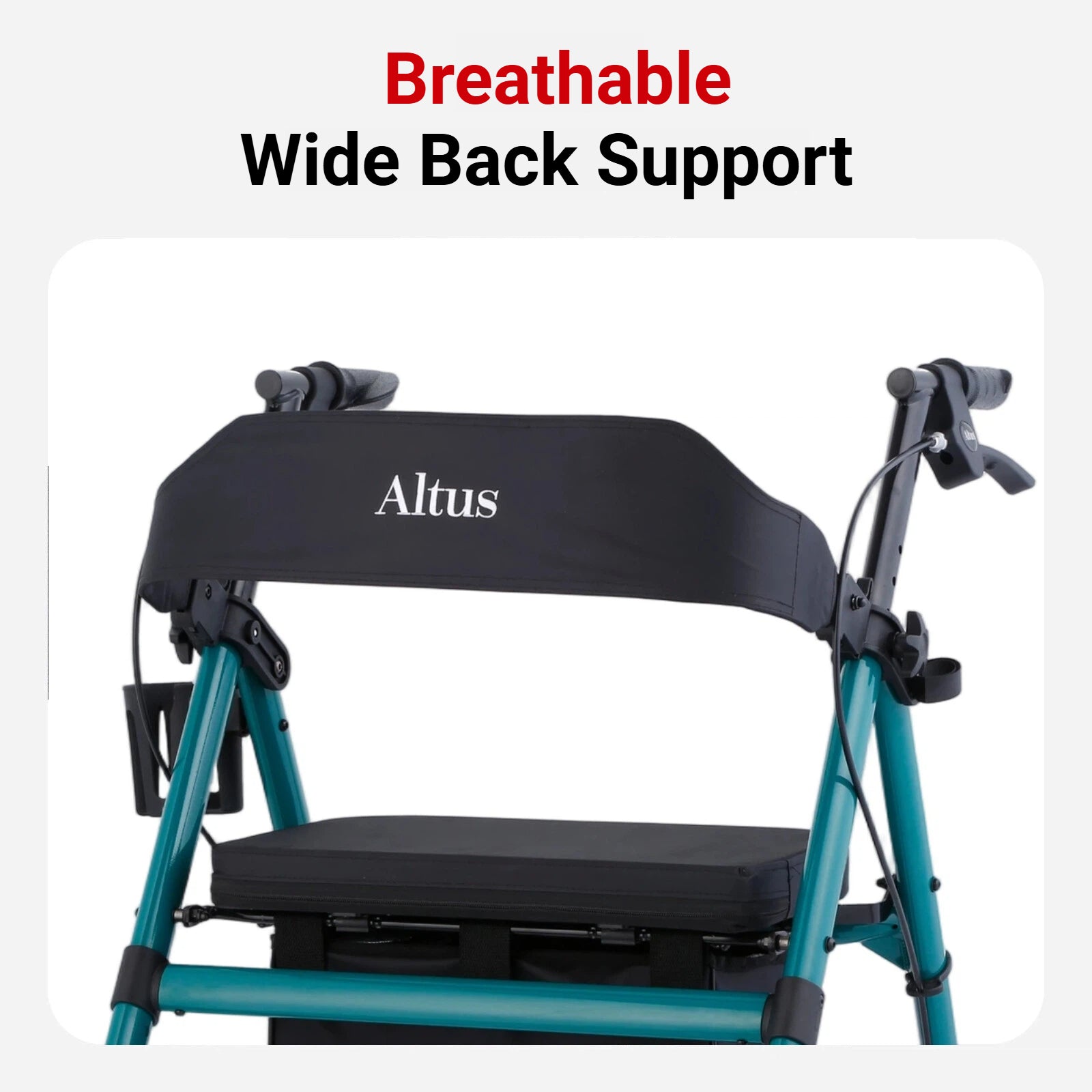Black and teal Altus chair with wide back support on a white background
