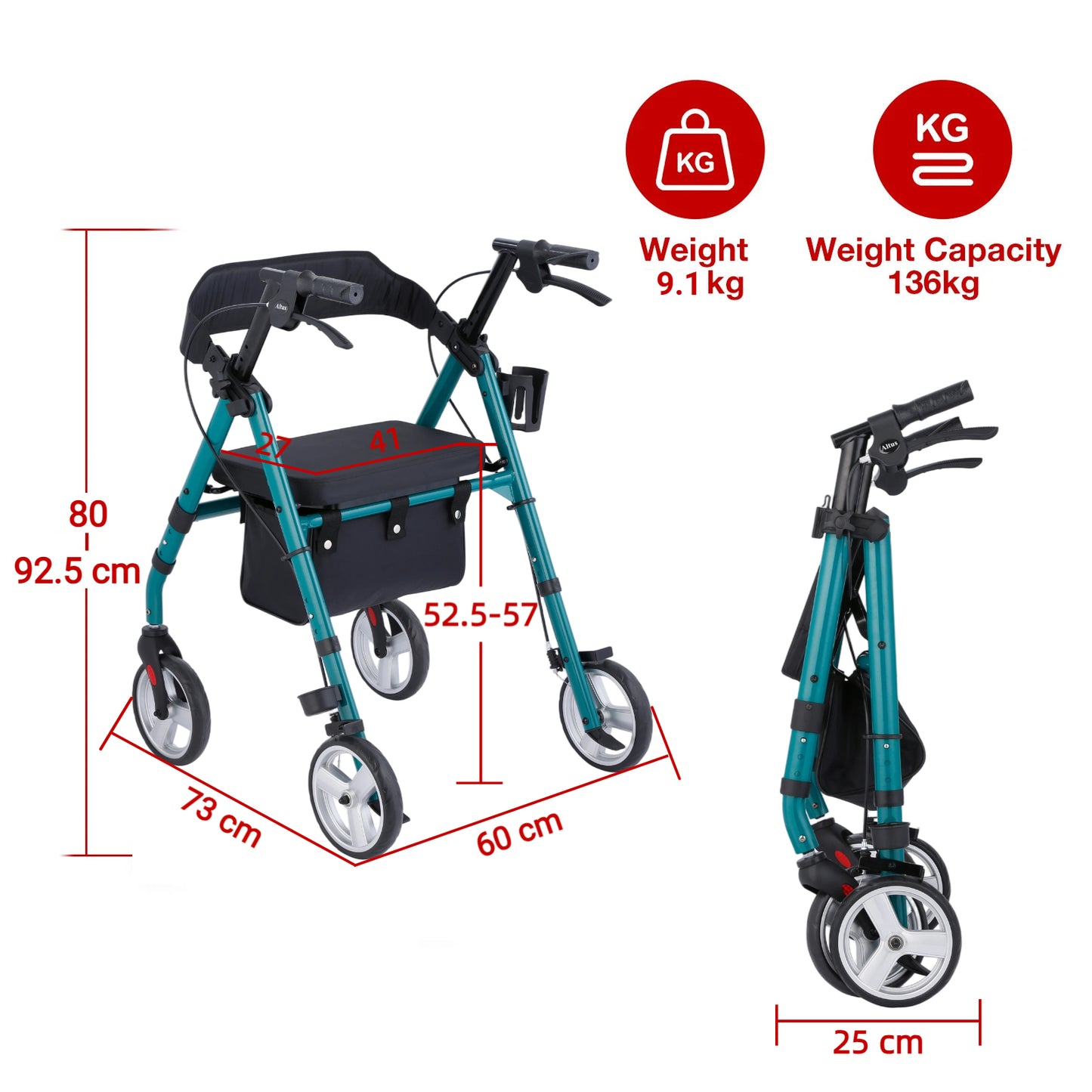 Teal walker with measurements and weight capacity indicators on a white background