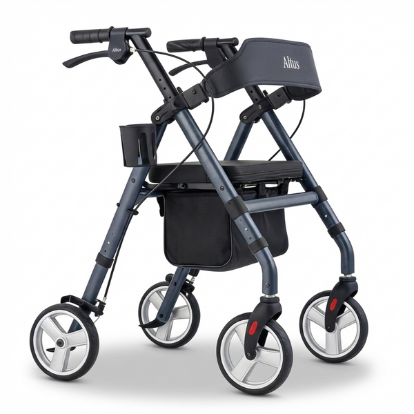 Black rollator with a seat on a white background