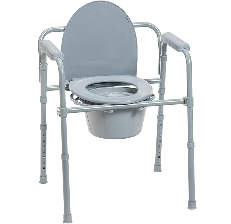 Gray commode chair with adjustable arms on a white background