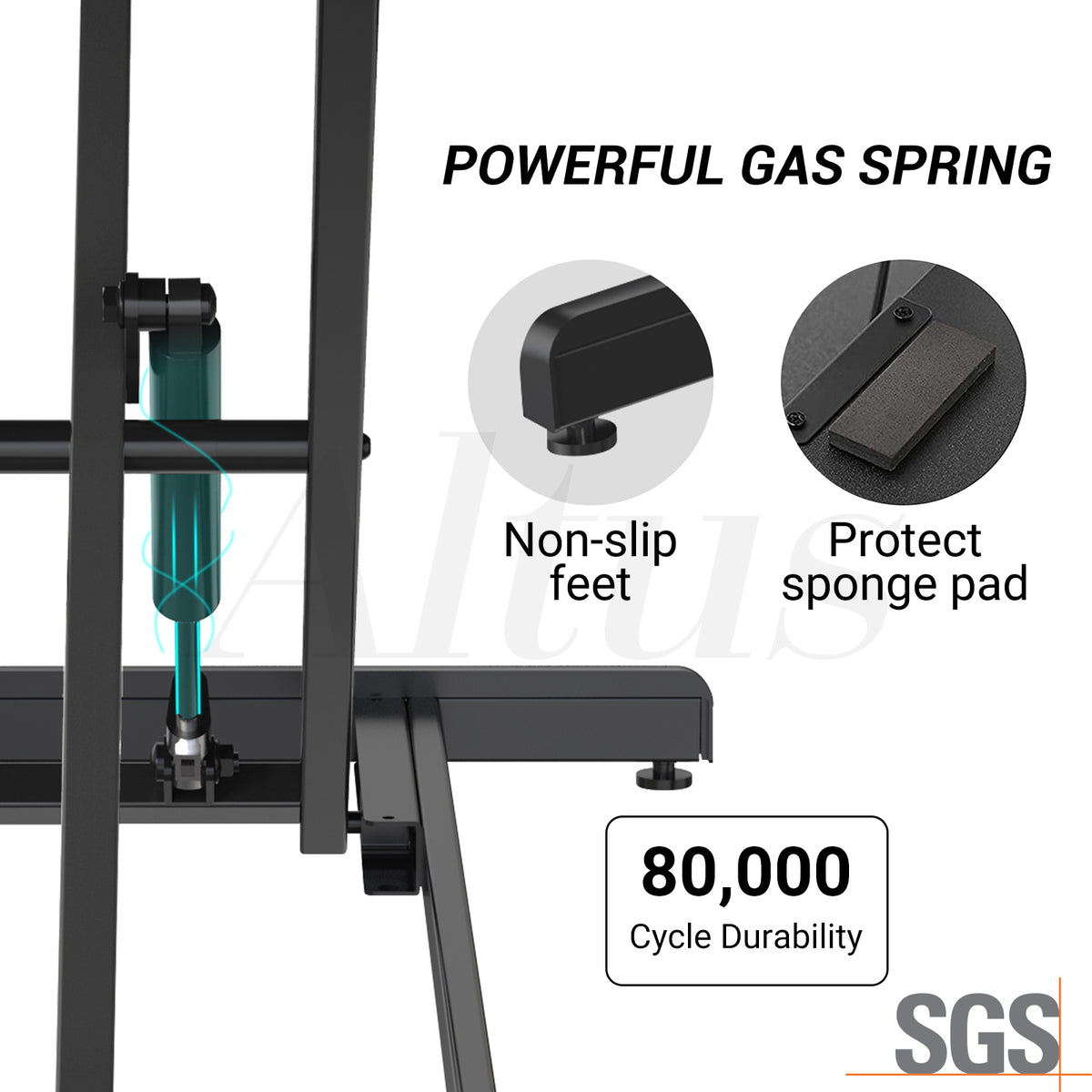 Product with labeled features including a powerful gas spring, non-slip feet, protect sponge pad, and durability rating.
