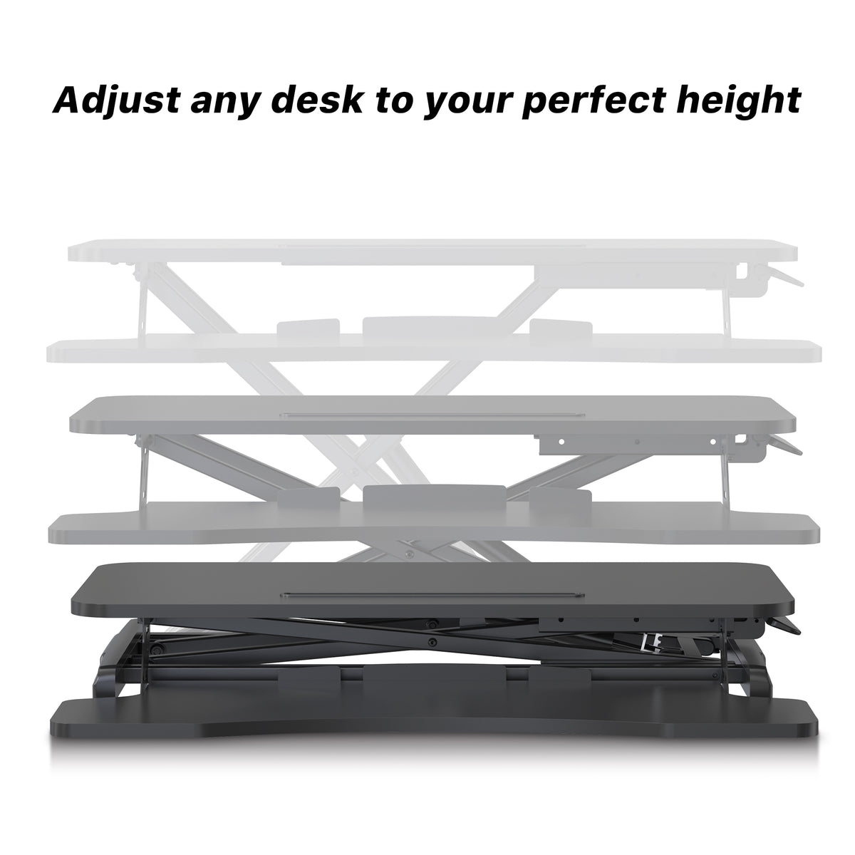 Adjustable desk height converter with text 'Adjust any desk to your perfect height' on a white background