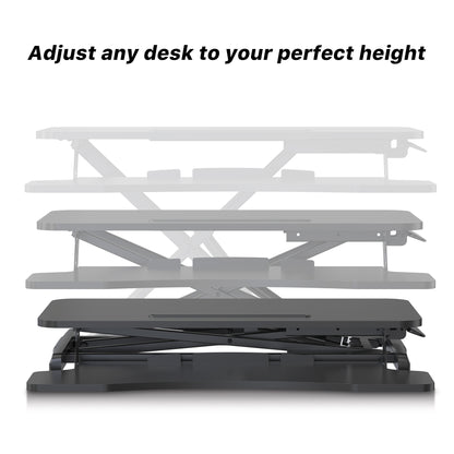 Adjustable desk height converter with text 'Adjust any desk to your perfect height' on a white background