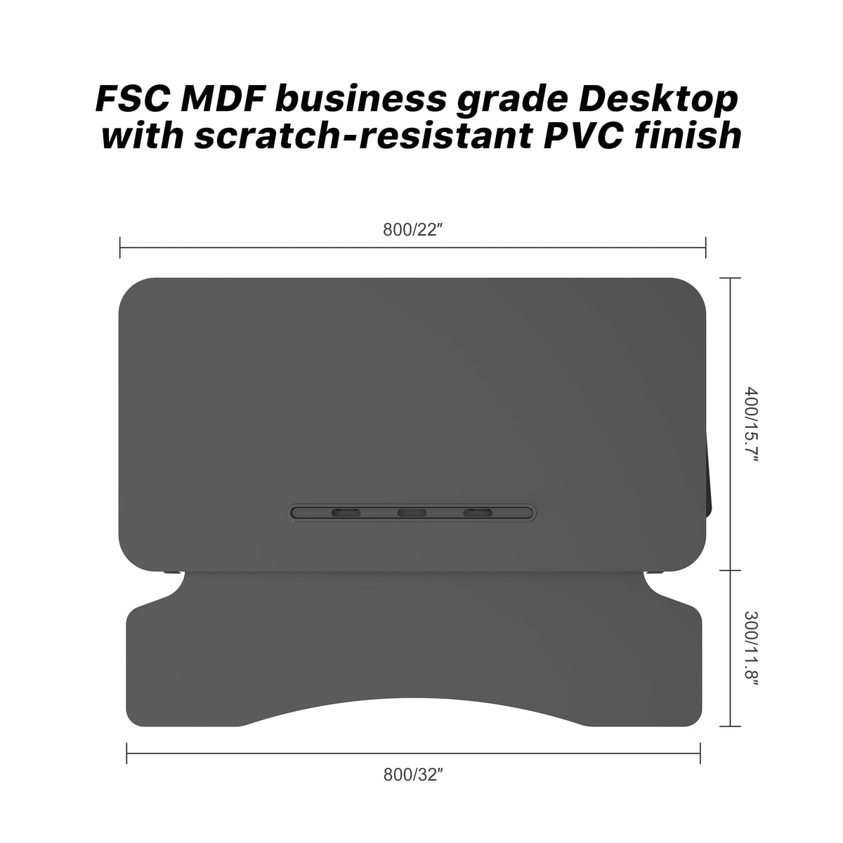 FSC MDF business grade desktop with scratch-resistant PVC finish and dimensions on a white background