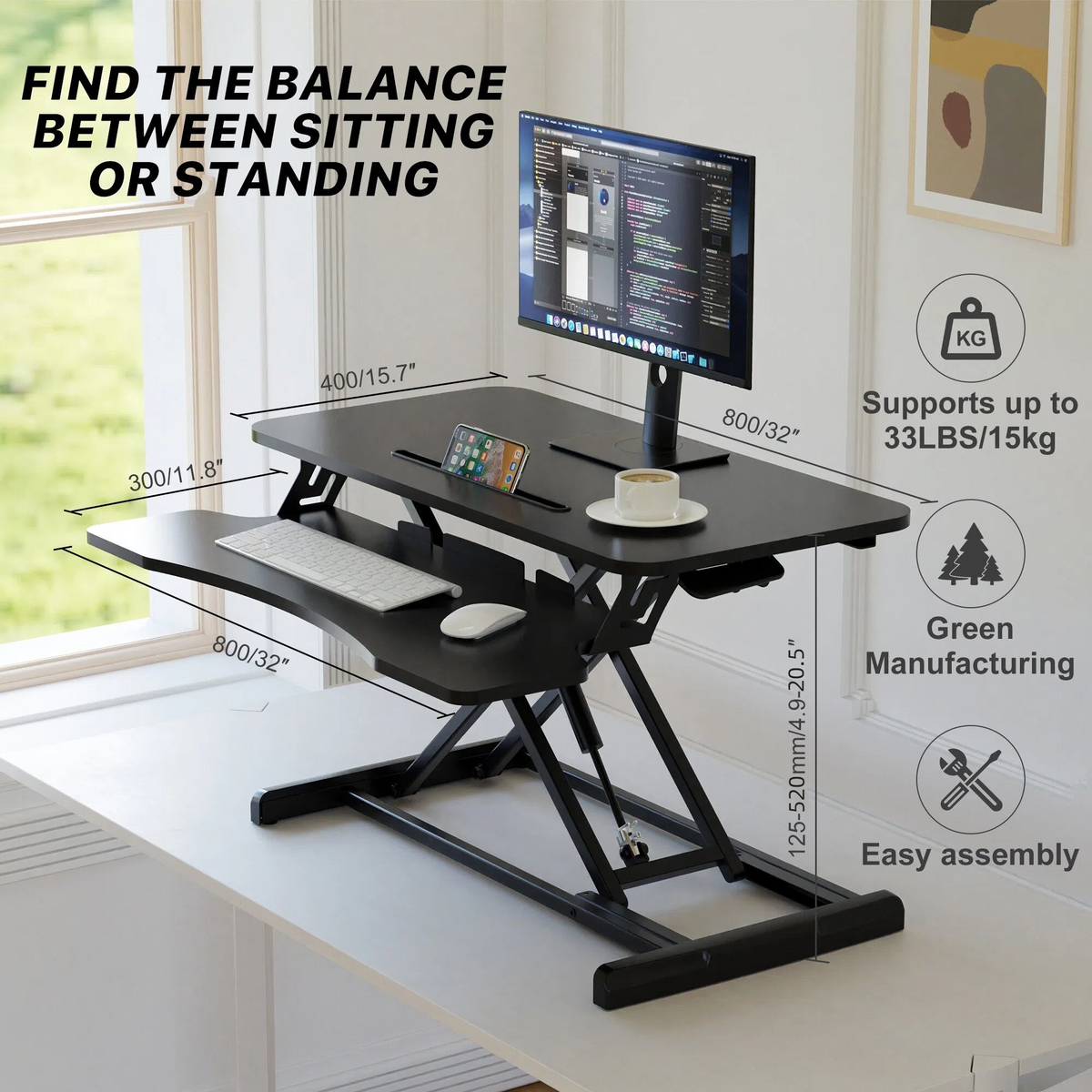 Adjustable standing desk with computer setup in a home office setting, featuring text about balance between sitting and standing.