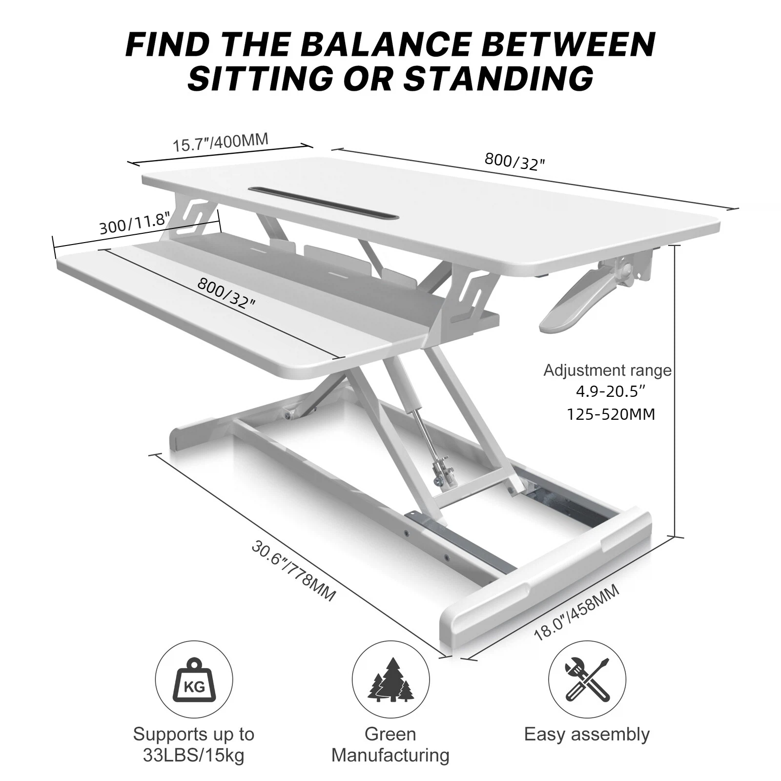 Ergonomic standing desk with adjustable height, dimensions, and features on a white background.