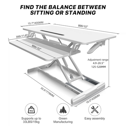 Ergonomic standing desk with adjustable height, dimensions, and features on a white background.