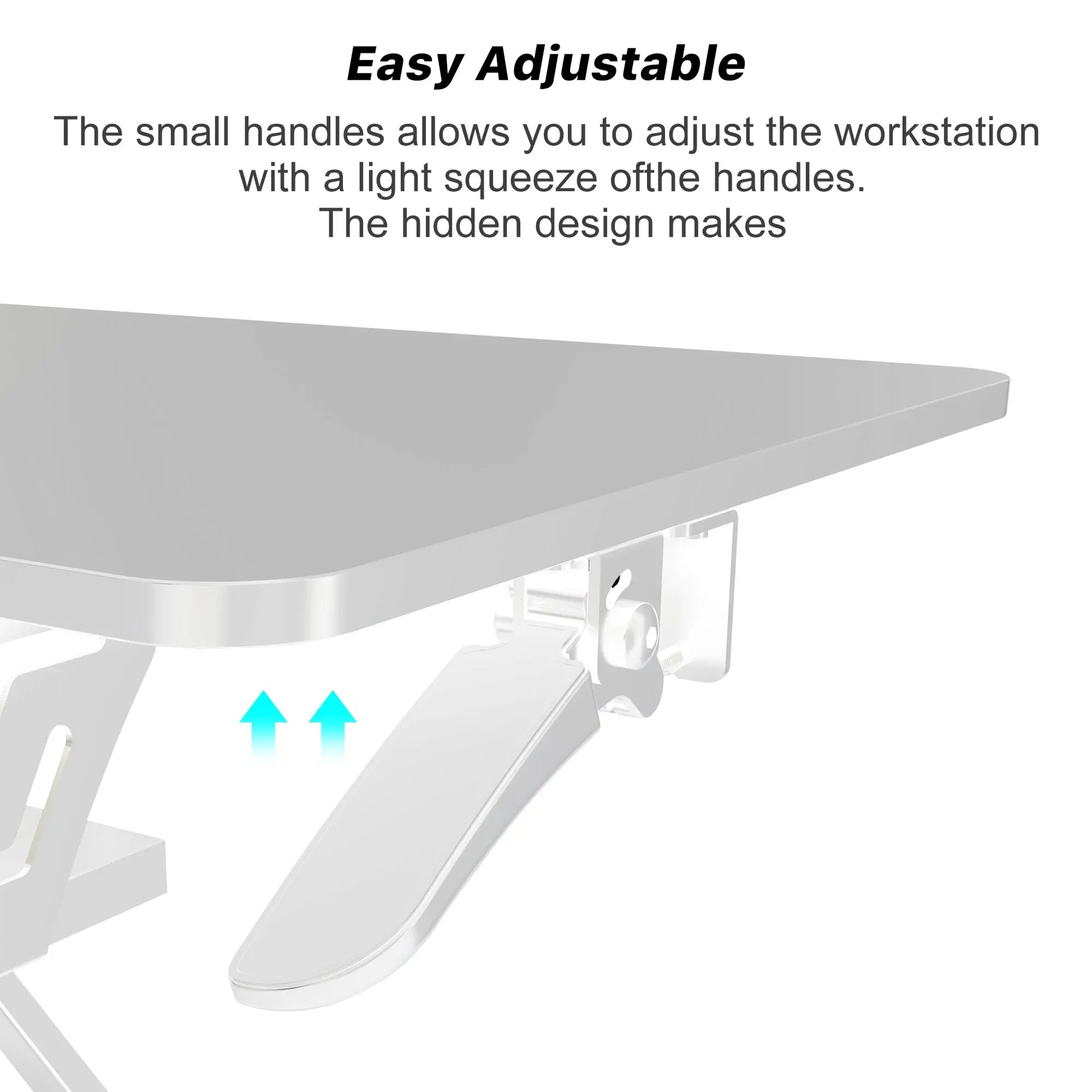 Close-up of white adjustable desk riser with keyboard tray and stylish home office decor.