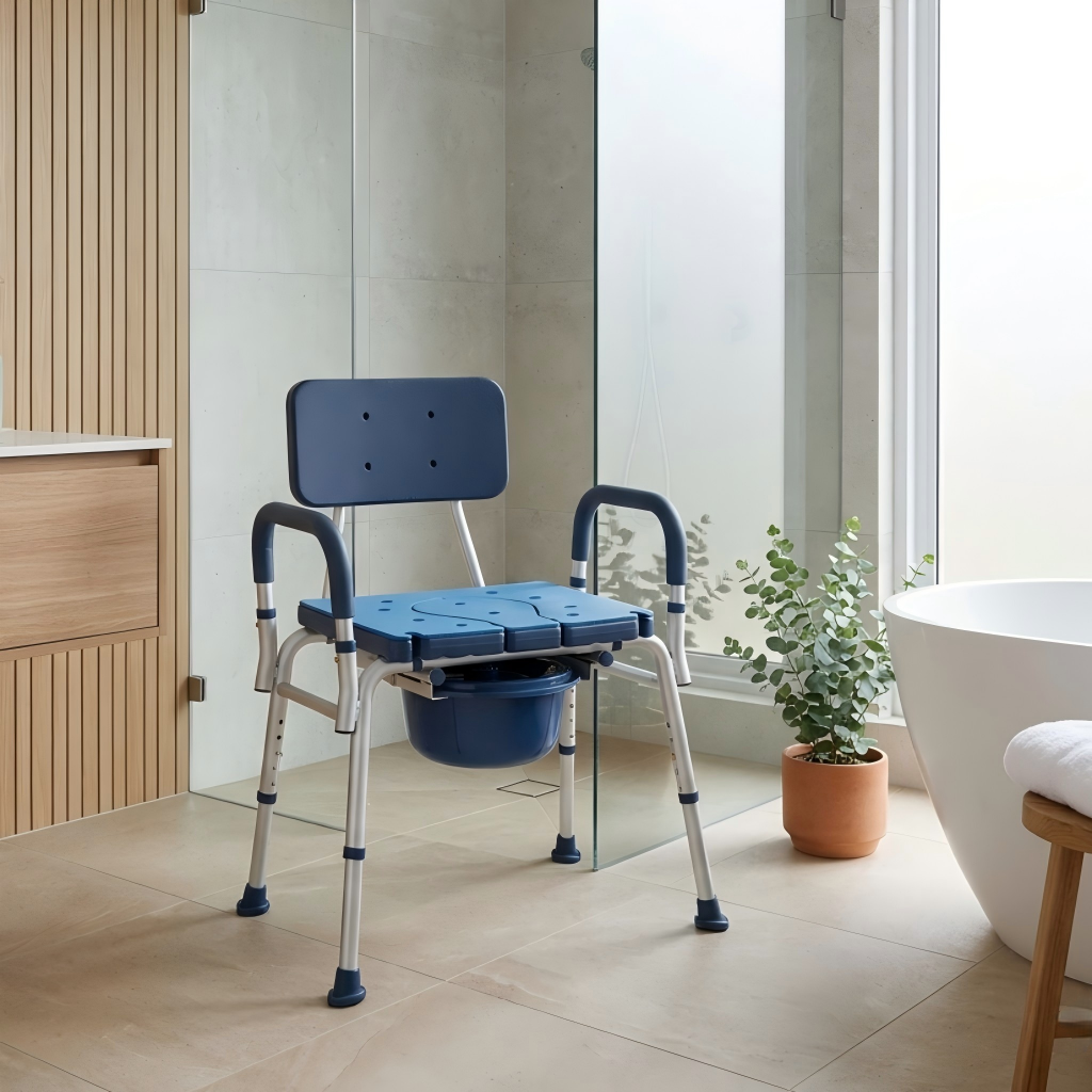 Bathroom Lifestyle Scene
Altus summit extra wide shower chair placed inside a modern bright home bathroom setting demonstrating its premium design as a freestanding mobility aid