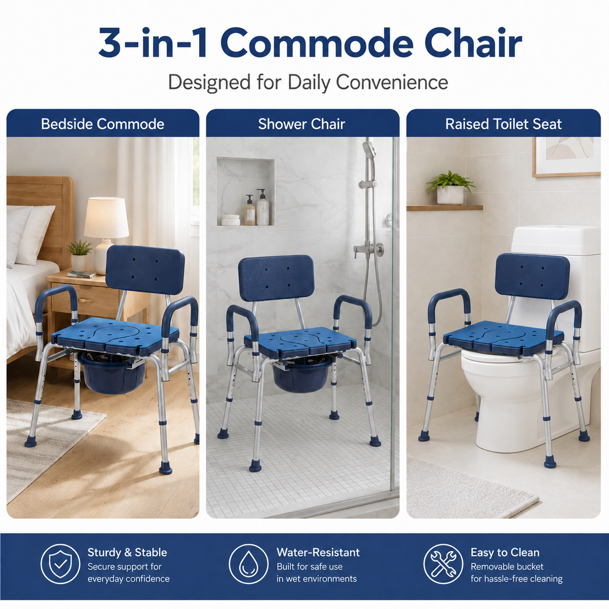 Three In One Functionality Guide
Infographic displaying the Altus summit extra wide shower chair used in three ways as a bedside commode a shower chair and a raised toilet seat