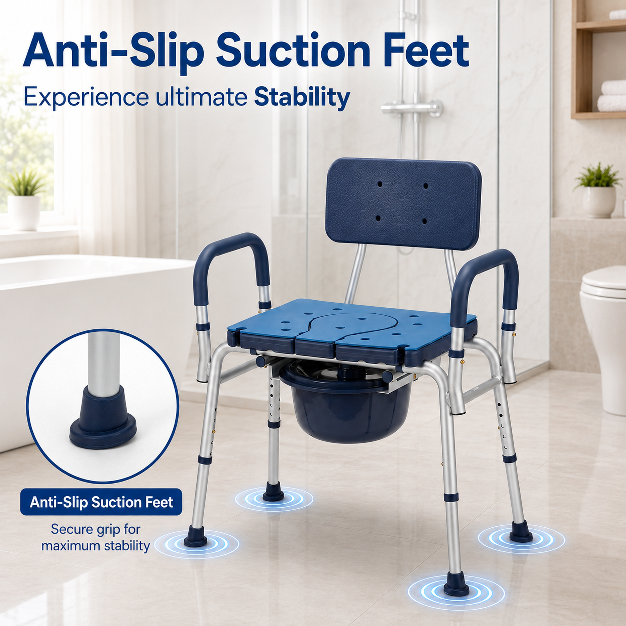 Anti Slip Suction Feet Details
Safety feature diagram highlighting the Altus summit extra wide shower chair large anti slip suction feet for ultimate grip and stability on wet bathroom tiles